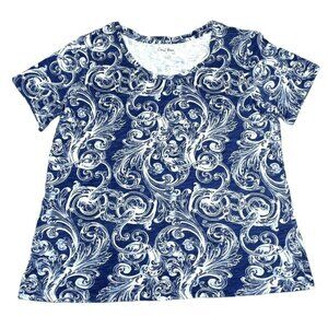 Coral Bay Womens Top Blue White Scoop Neckline Cotton Cap Sleeves Large JH922
